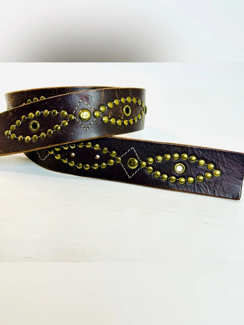 Western Brass Studded Belt, Brown Faux Leather with Studded Design